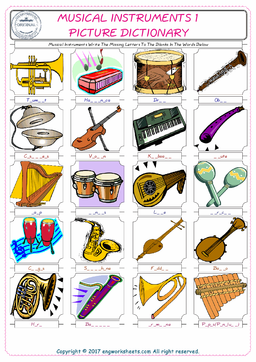  Musical Instruments Words English worksheets For kids, the ESL Worksheet for finding and typing the missing letters of Musical Instruments Words 